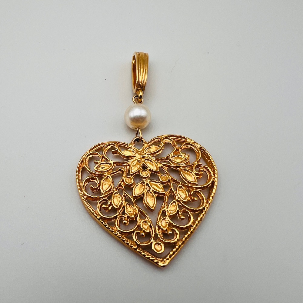 Filigree Openwork Heart Pendant with Faux Pearl Accent Gold Tone Charm